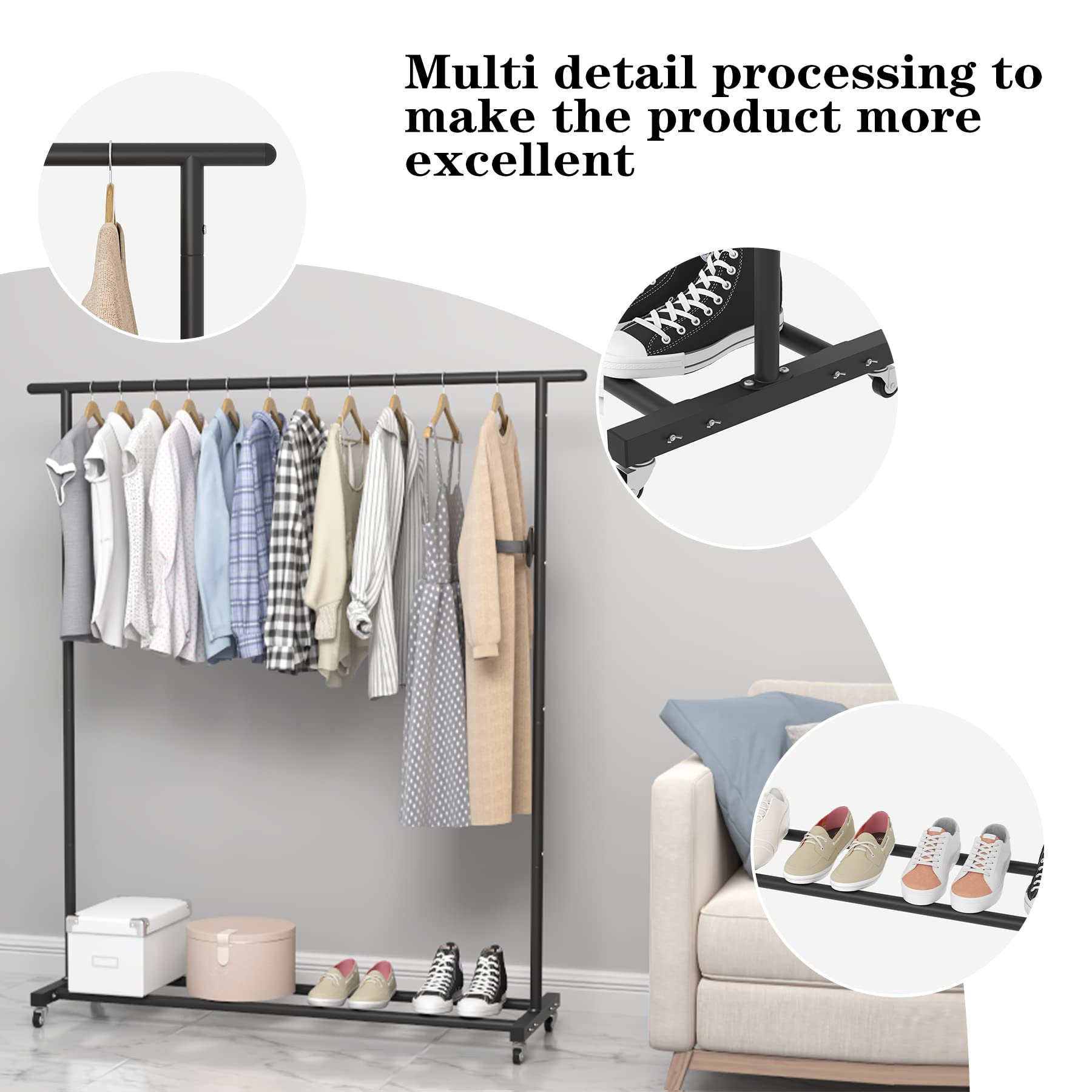 Buzowruil Clothing Clothes Rack Standard Rod Simple Rolling Metal Garment Rack Organizer Freestanding Hanger With Wheels,Black